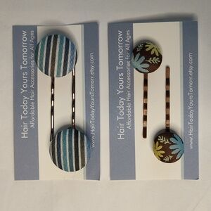 NWT 2 Pairs Bobby Pin Barrettes Handmade Fabric Button Stripes Floral